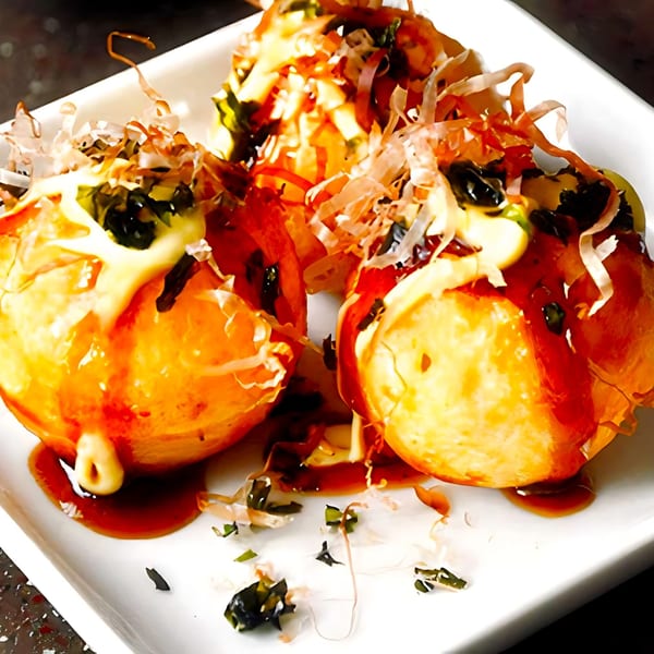 Three takoyaki balls topped with mayonnaise, sauce, seaweed, and bonito flakes on a white plate.