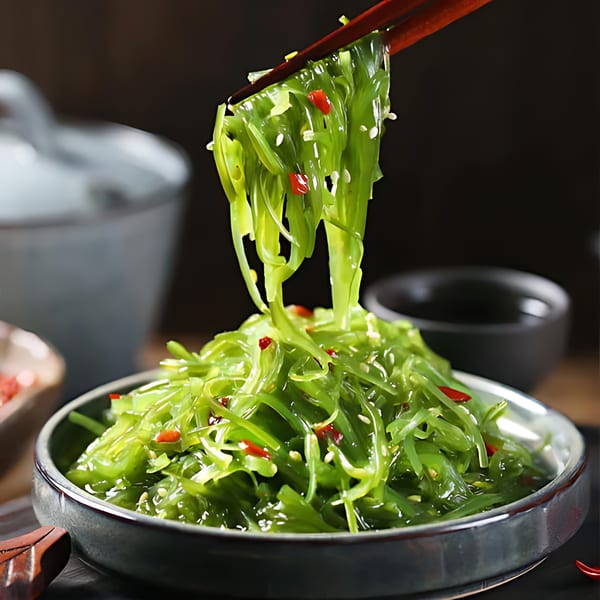 Chopsticks lifting green seaweed salad with red chili flakes and sesame seeds from a bowl.