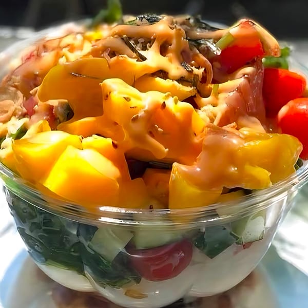 Close-up of a vibrant poke bowl from Ye's Poke Station, topped with yellow bell peppers and sauce.